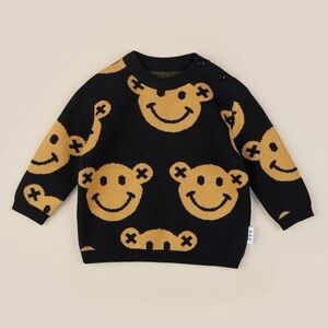 Hux Huxbaby Smiley Knit Jumper Pullover Crewneck Sweater Black Organic Cotton